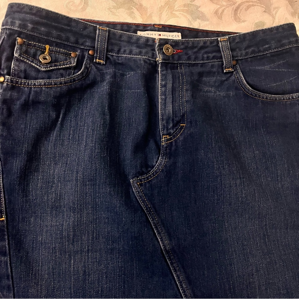 Tommy Hilfiger Denim Skirt Dark Blue Back Slit Front Zip 5 Pocket Midi Skirt 14 - Picture 6 of 9